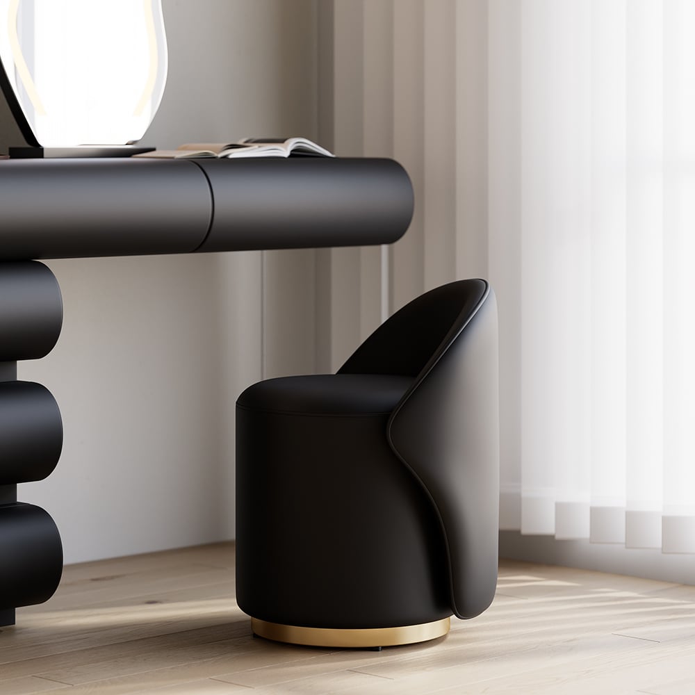 Humply Modern Black Makeup Vanity Set PU Leather Dressing Table with Stool & LED Mirror - 