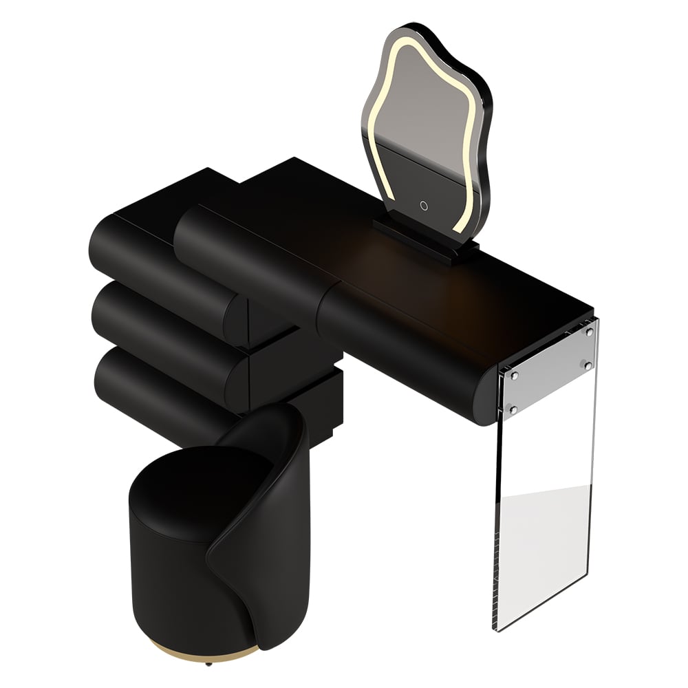 Humply Modern Black Makeup Vanity Set PU Leather Dressing Table with Stool & LED Mirror - 