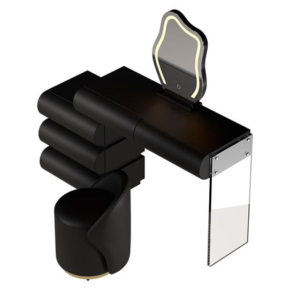 Humply Modern Black Makeup Vanity Set PU Leather Dressing Table with Stool & LED Mirror - 