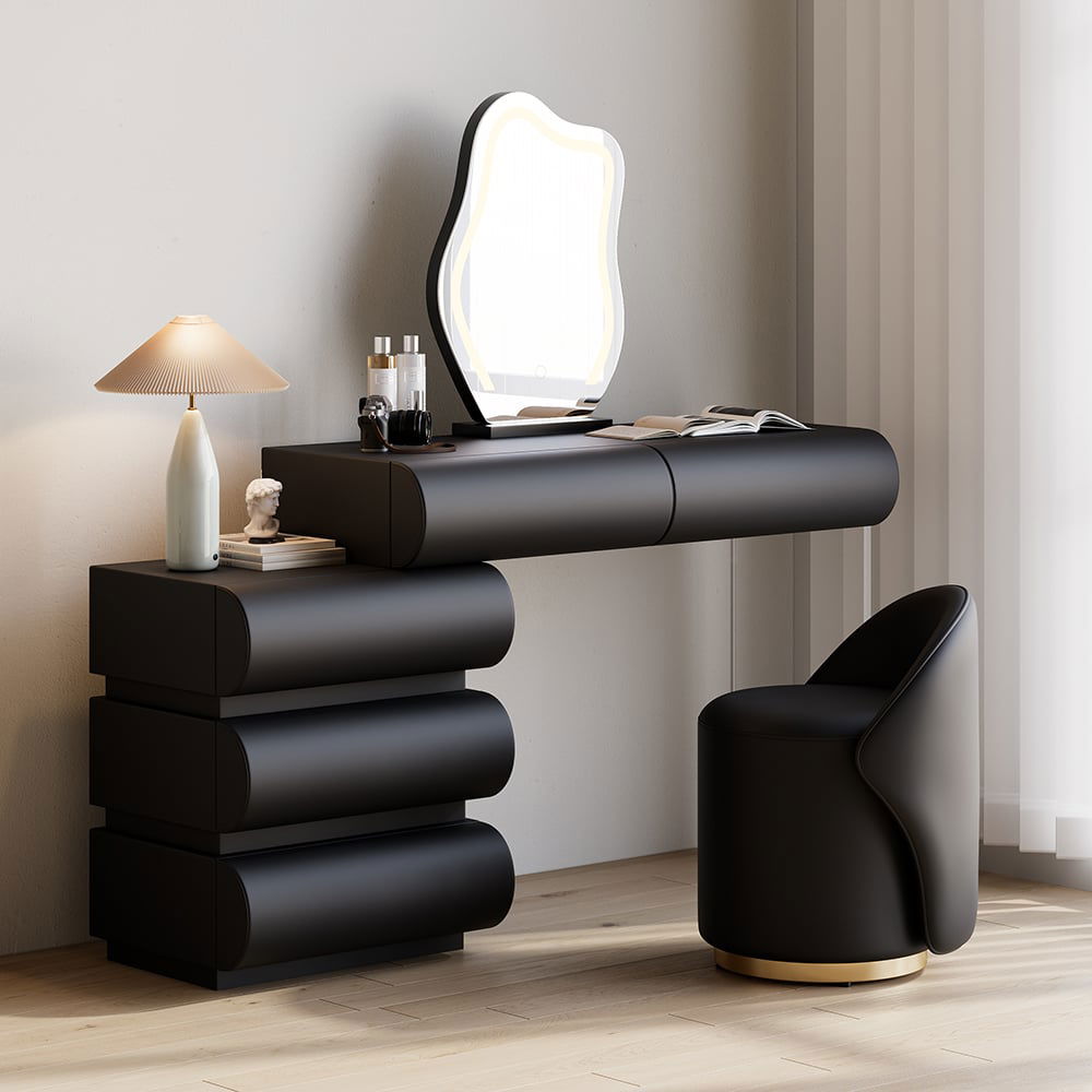 Humply Modern Black Makeup Vanity Set PU Leather Dressing Table with Stool & LED Mirror Humply Modern Black Makeup Vanity Set PU Leather Dressing Table with Stool & LED Mirror
