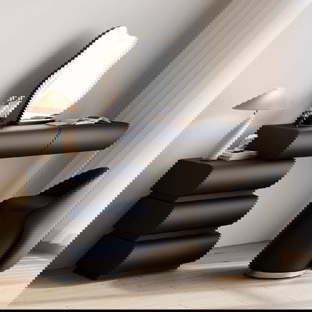 Humply Modern Black Makeup Vanity Set PU Leather Dressing Table with Stool & LED Mirror - 