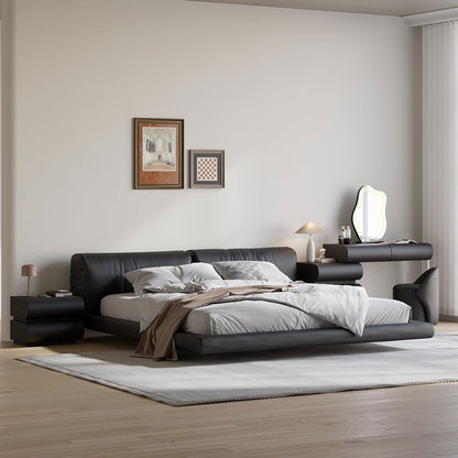 Humply Modern Black Makeup Vanity Set PU Leather Dressing Table with Stool & LED Mirror - 