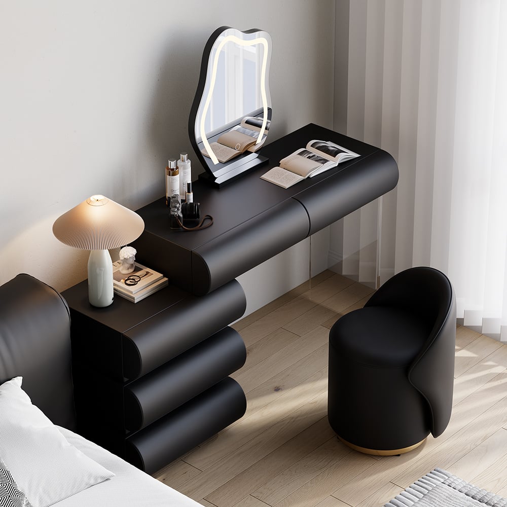 Humply Modern Black Makeup Vanity Set PU Leather Dressing Table with Stool & LED Mirror - 