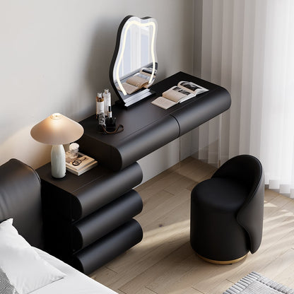 Humply Modern Black Makeup Vanity Set PU Leather Dressing Table with Stool & LED Mirror - 