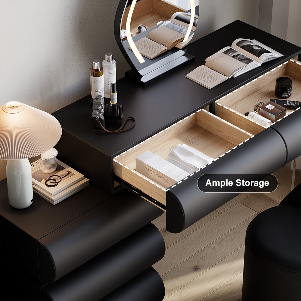 Humply Modern Black Makeup Vanity Set PU Leather Dressing Table with Stool & LED Mirror - 