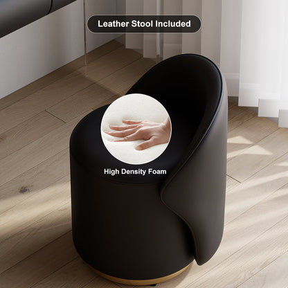 Humply Modern Black Makeup Vanity Set PU Leather Dressing Table with Stool & LED Mirror - 