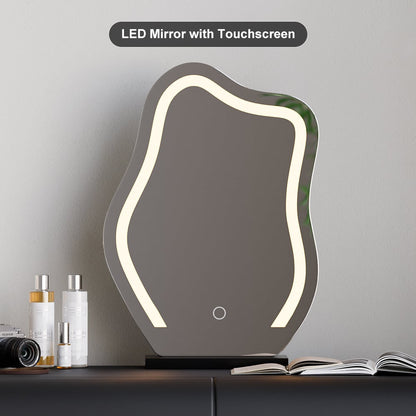 Humply Modern Black Makeup Vanity Set PU Leather Dressing Table with Stool & LED Mirror - 