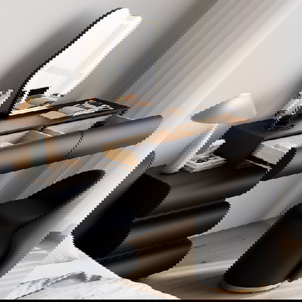 Humply Modern Black Makeup Vanity Set PU Leather Dressing Table with Stool & LED Mirror - Homary