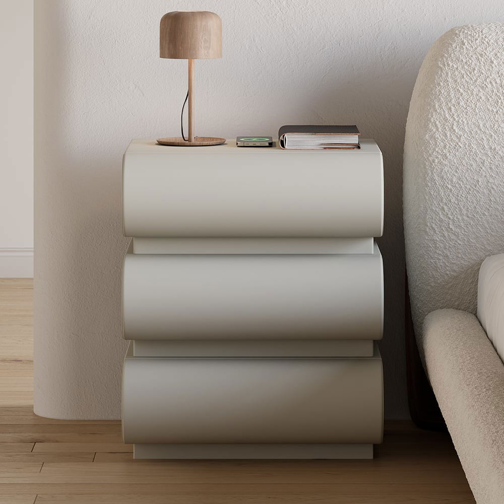 Humply Modern Light Gray Smart 3 Drawers Nightstand with Wireless Charger Bedside Table - 