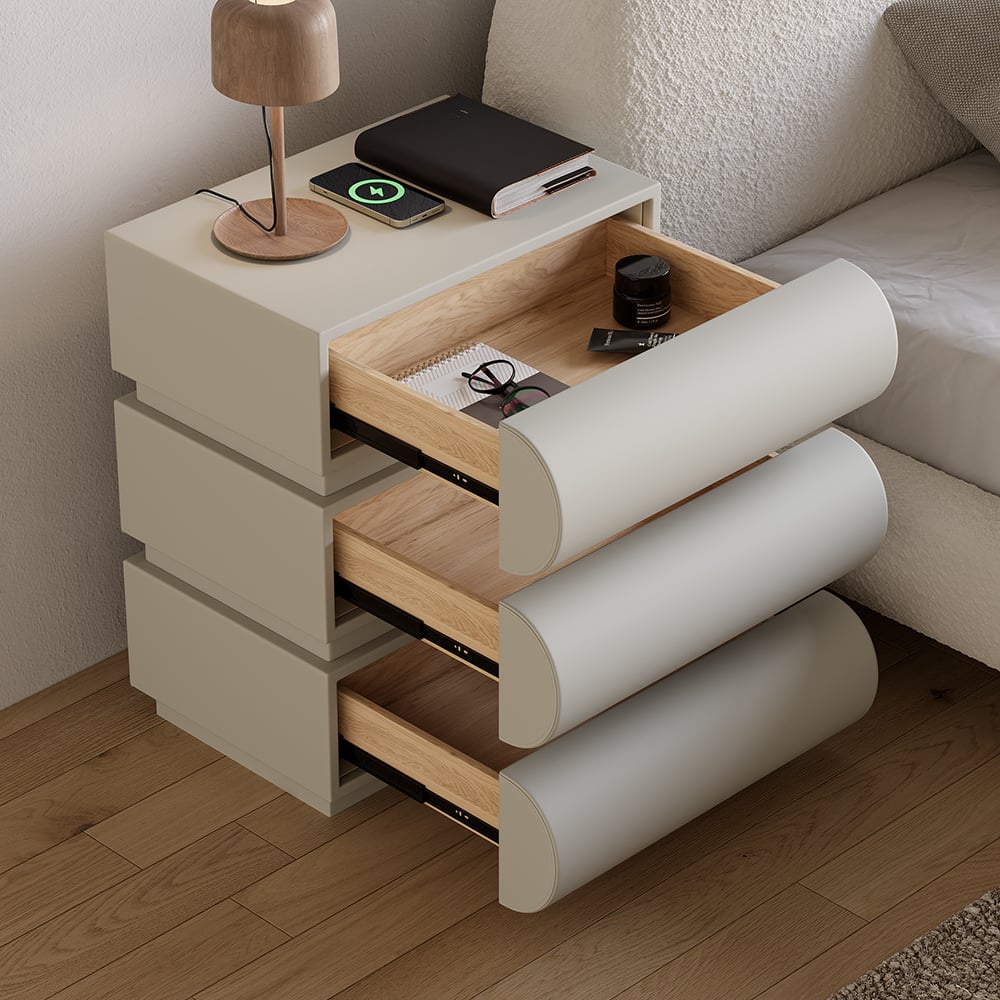 Humply Modern Light Gray Smart 3 Drawers Nightstand with Wireless Charger Bedside Table - 