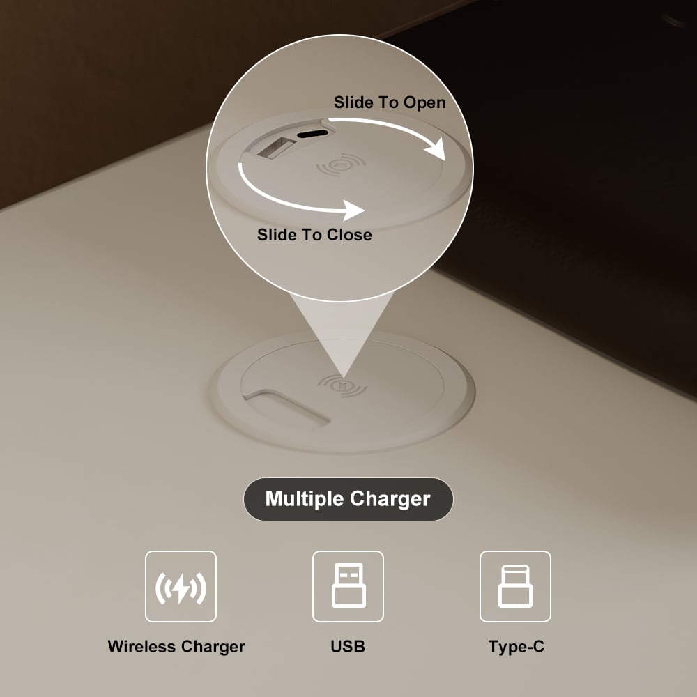 Humply Modern Light Gray Smart 3 Drawers Nightstand with Wireless Charger Bedside Table - 