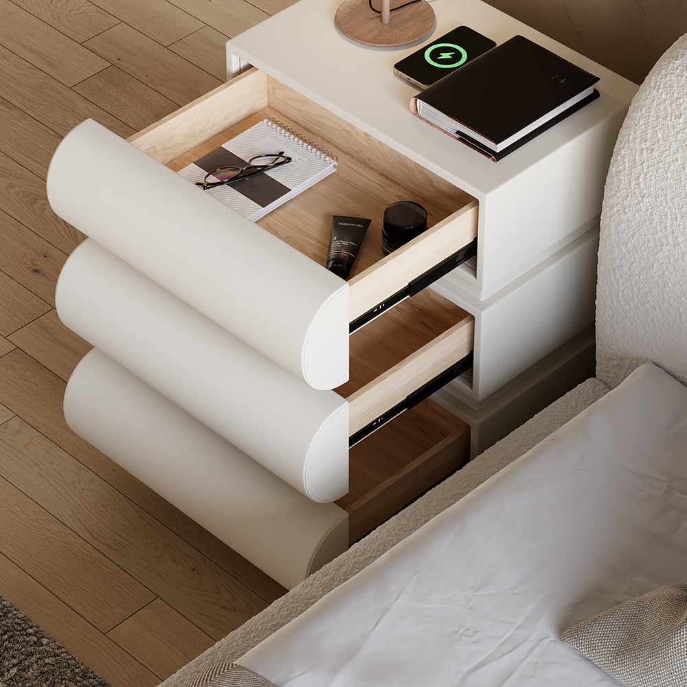 Humply Modern White Leather Smart Nightstand with Wireless Charger Drawers Bedside Table - 