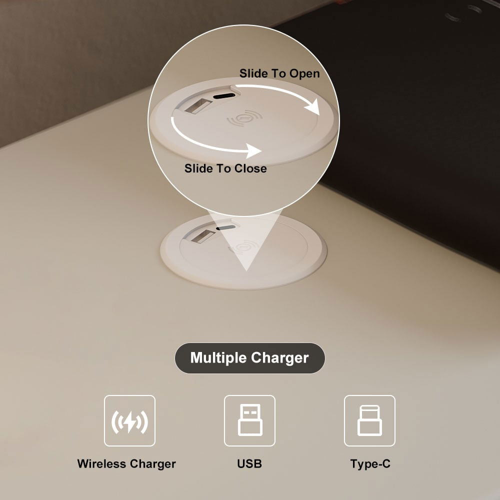 Humply Modern White Leather Smart Nightstand with Wireless Charger Drawers Bedside Table - 