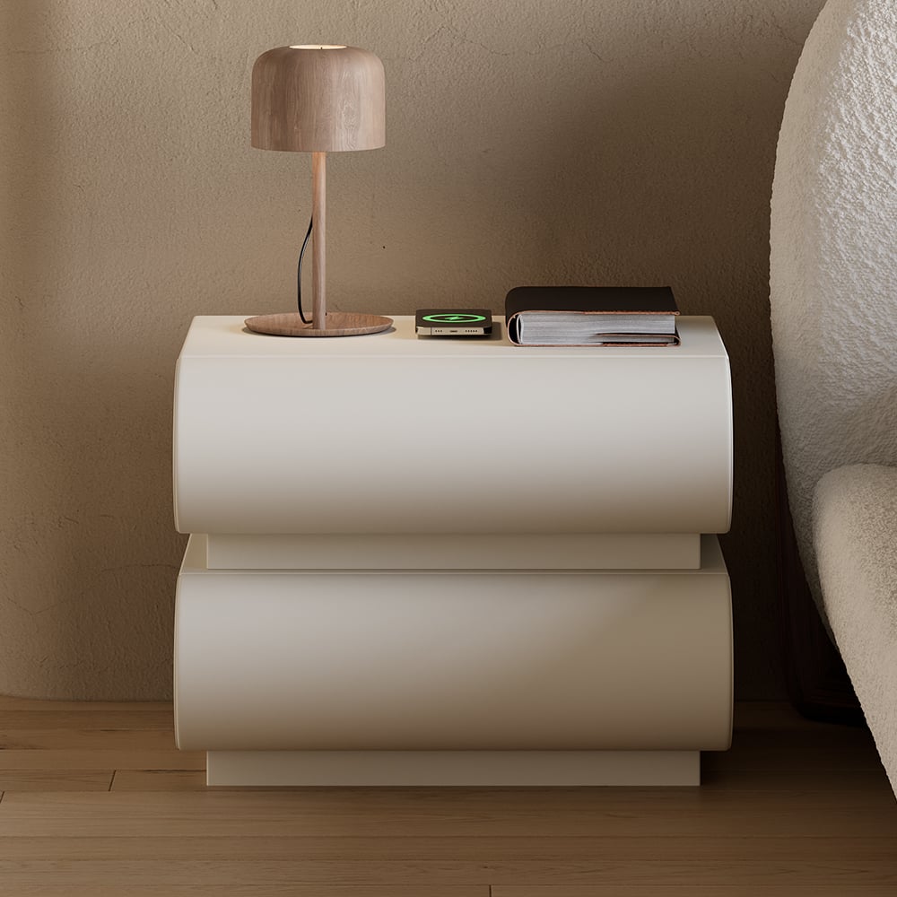 Humply Modern White Leather Smart Nightstand with Wireless Charger Drawers Bedside Table - 