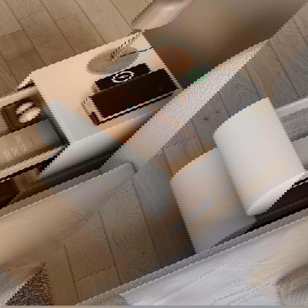 Humply Modern White Leather Smart Nightstand with Wireless Charger Drawers Bedside Table - 