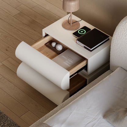 Humply Modern White Leather Smart Nightstand with Wireless Charger Drawers Bedside Table - 