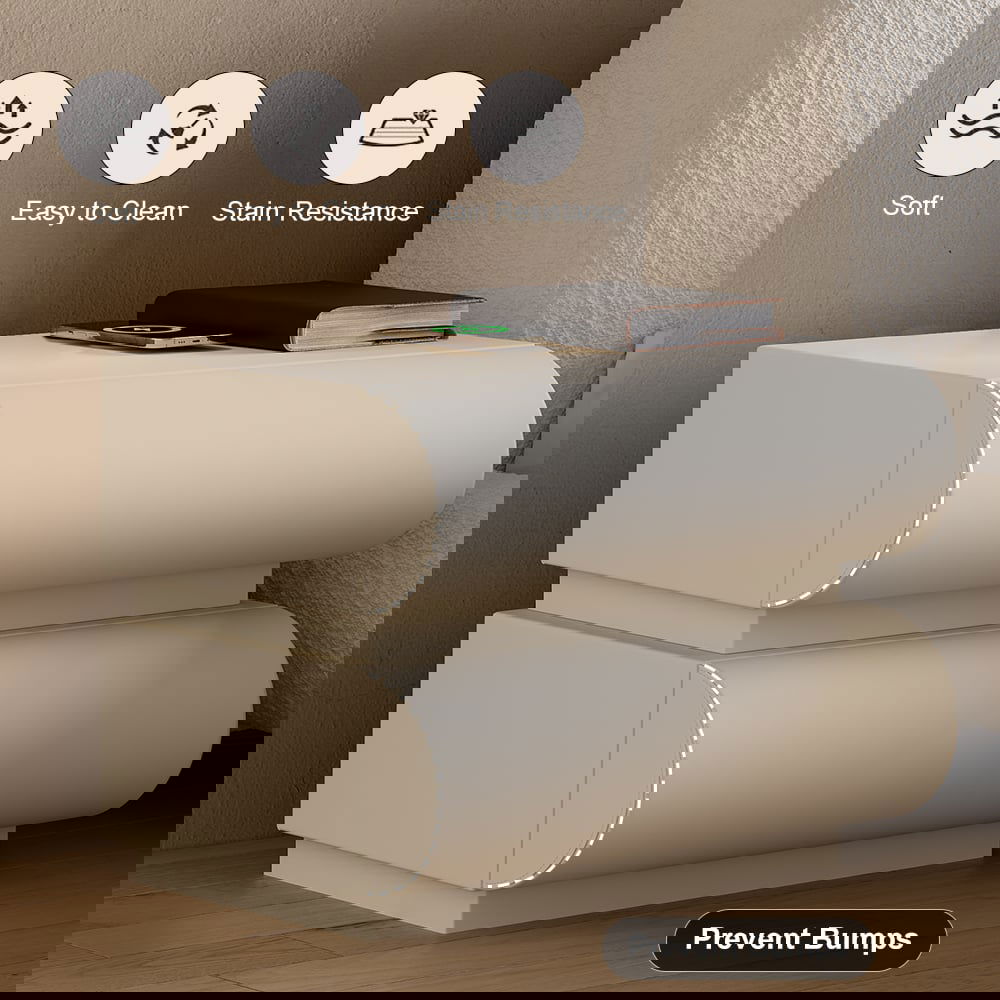 Humply Modern White Leather Smart Nightstand with Wireless Charger Drawers Bedside Table - 