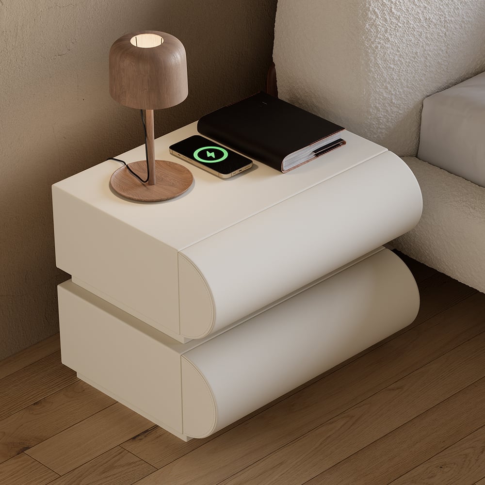 Humply Modern White Leather Smart Nightstand with Wireless Charger Drawers Bedside Table - 