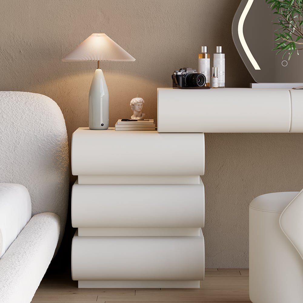 Humply Modern White Makeup Vanity Set PU Leather Dressing Table with Stool & LED Mirror - 