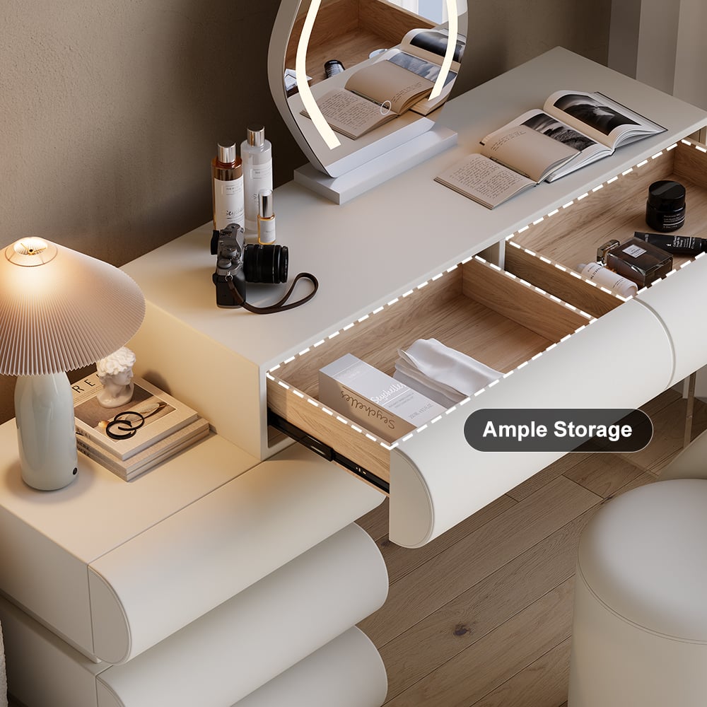 Humply Modern White Makeup Vanity Set PU Leather Dressing Table with Stool & LED Mirror - 