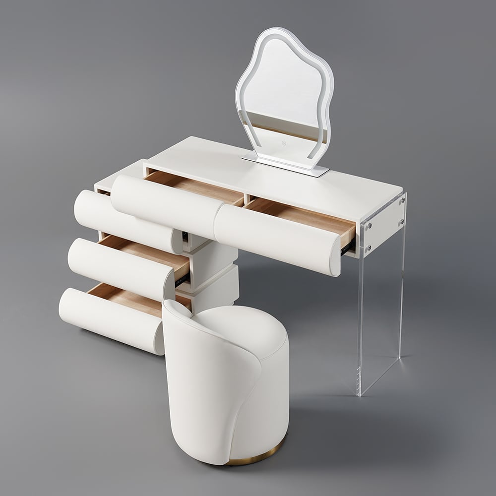 Humply Modern White Makeup Vanity Set PU Leather Dressing Table with Stool & LED Mirror - 