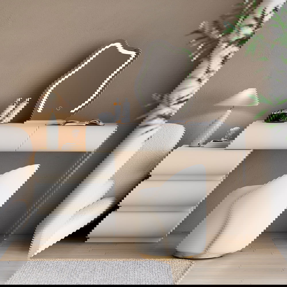 Humply Modern White Makeup Vanity Set PU Leather Dressing Table with Stool & LED Mirror - 