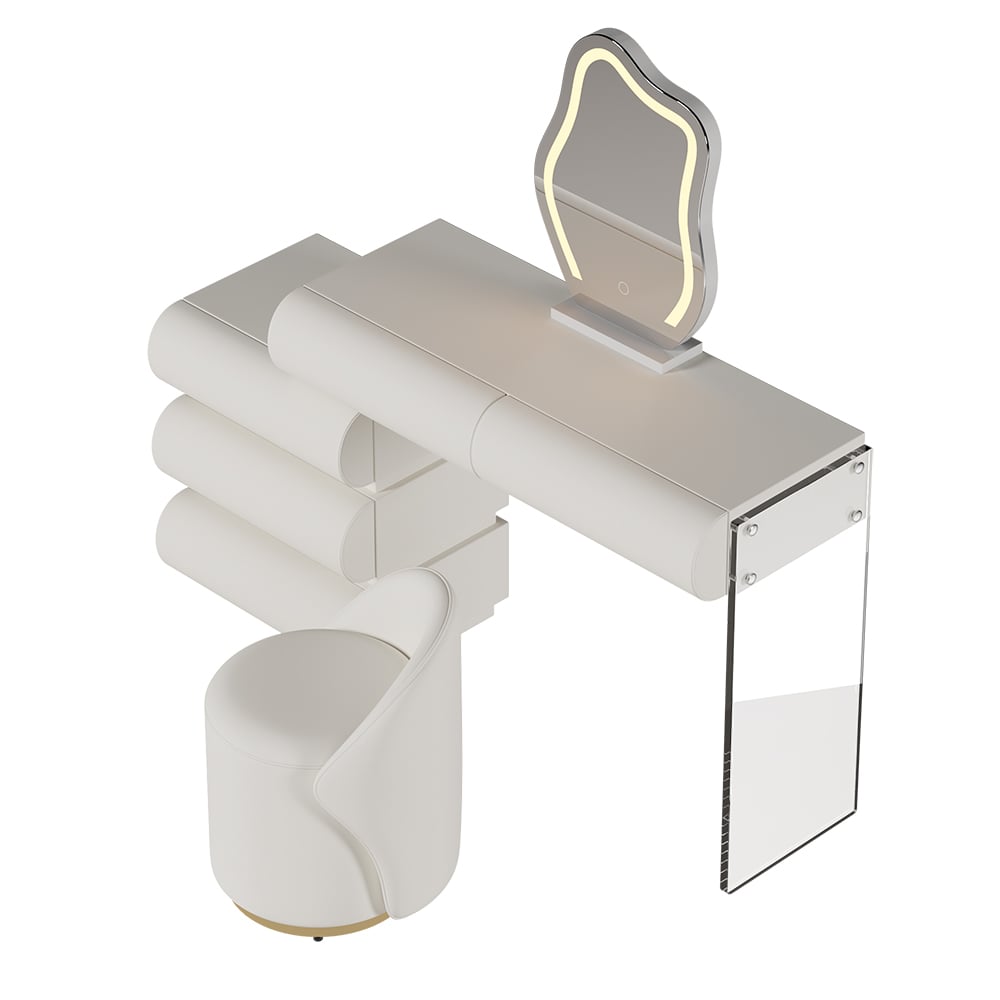 Humply Modern White Makeup Vanity Set PU Leather Dressing Table with Stool & LED Mirror - 