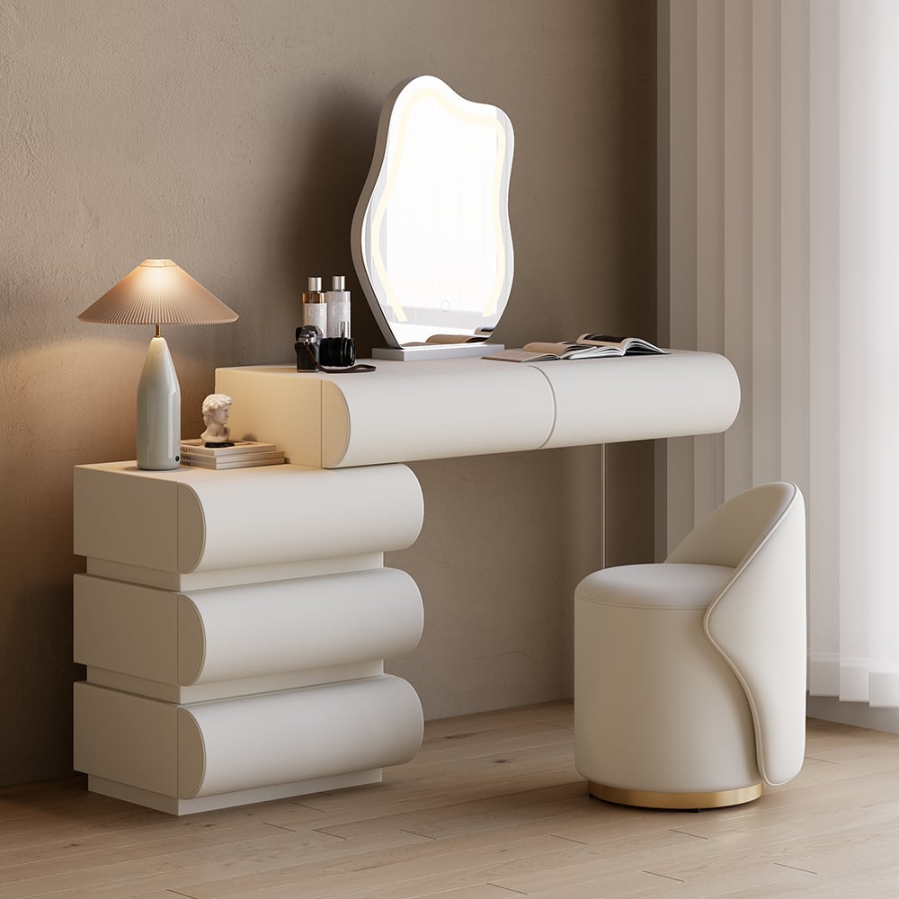 Humply Modern White Makeup Vanity Set PU Leather Dressing Table with Stool & LED Mirror - 