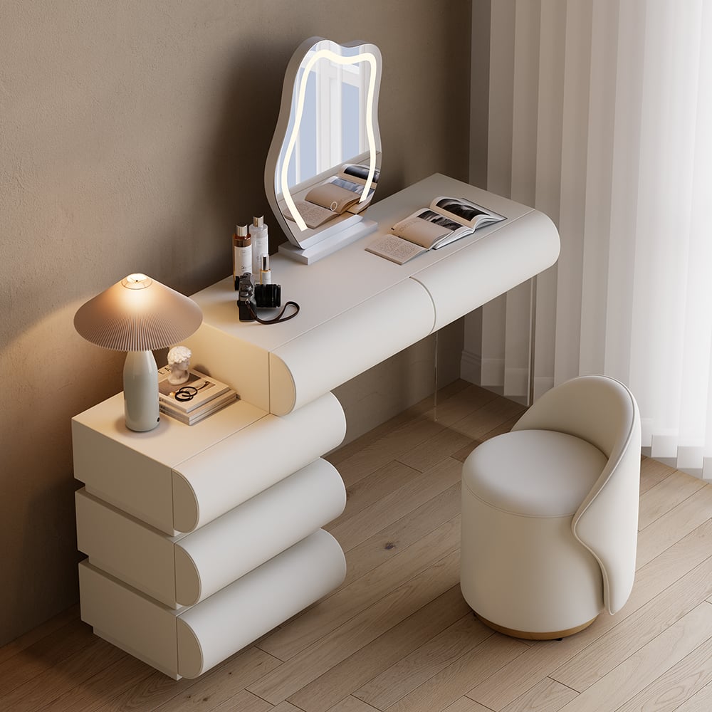Humply Modern White Makeup Vanity Set PU Leather Dressing Table with Stool & LED Mirror - 