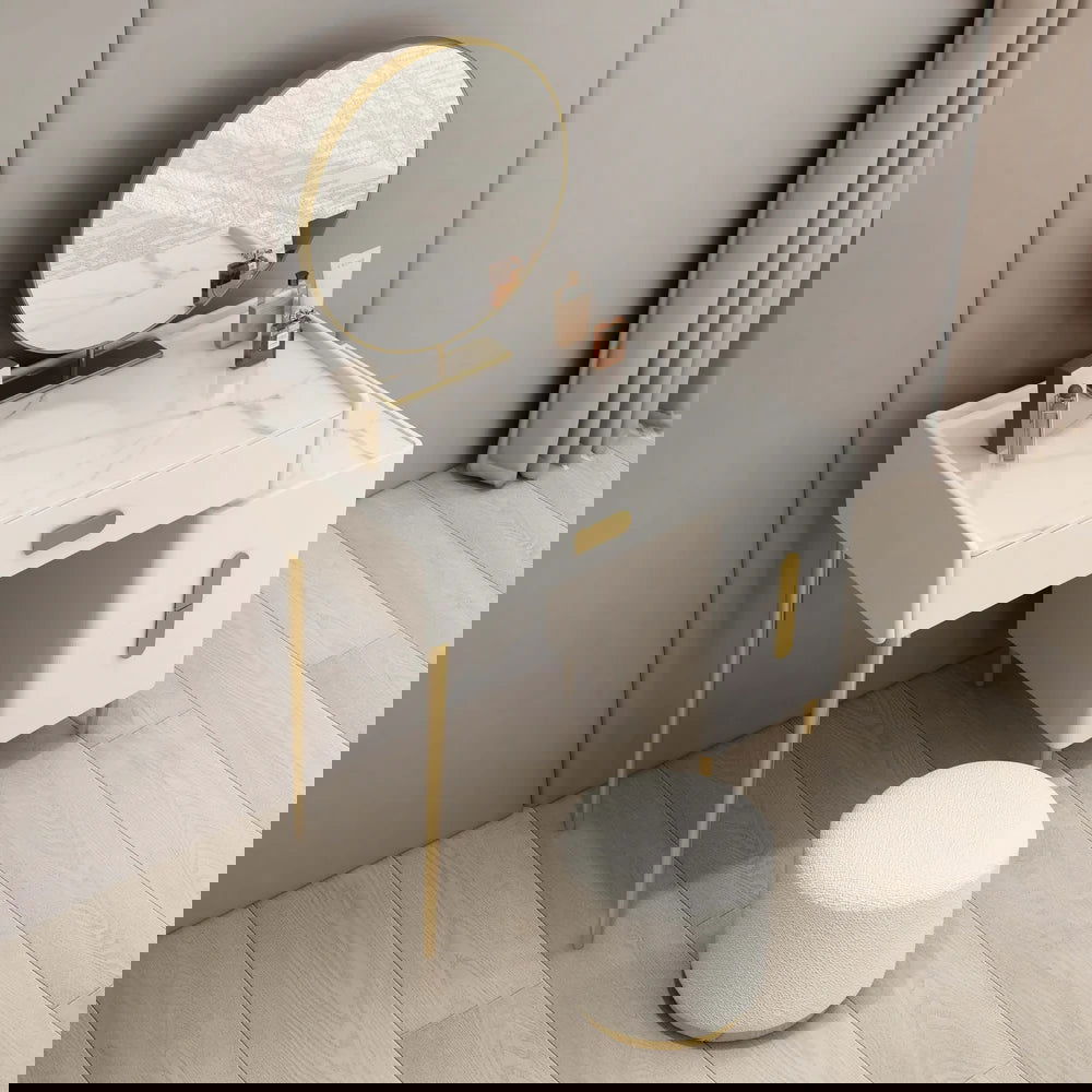 Inarrow Modern Off-white Makeup Vanity Table with Mirror & Side Table - 