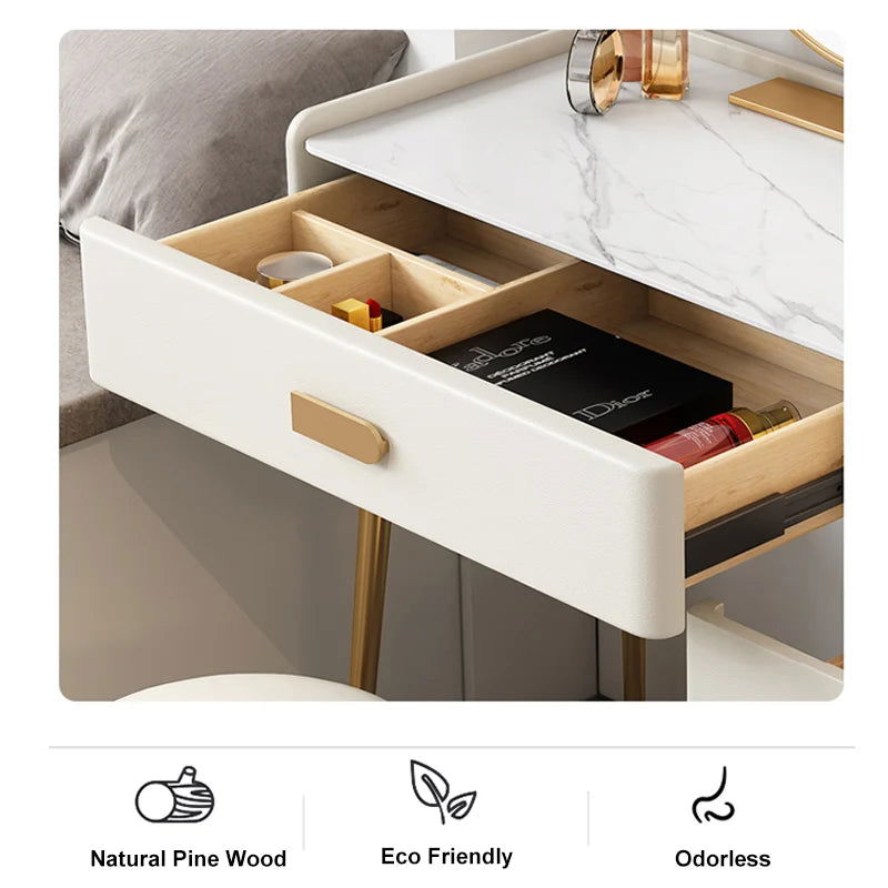 Inarrow Modern Off-white Makeup Vanity Table with Mirror & Side Table - 