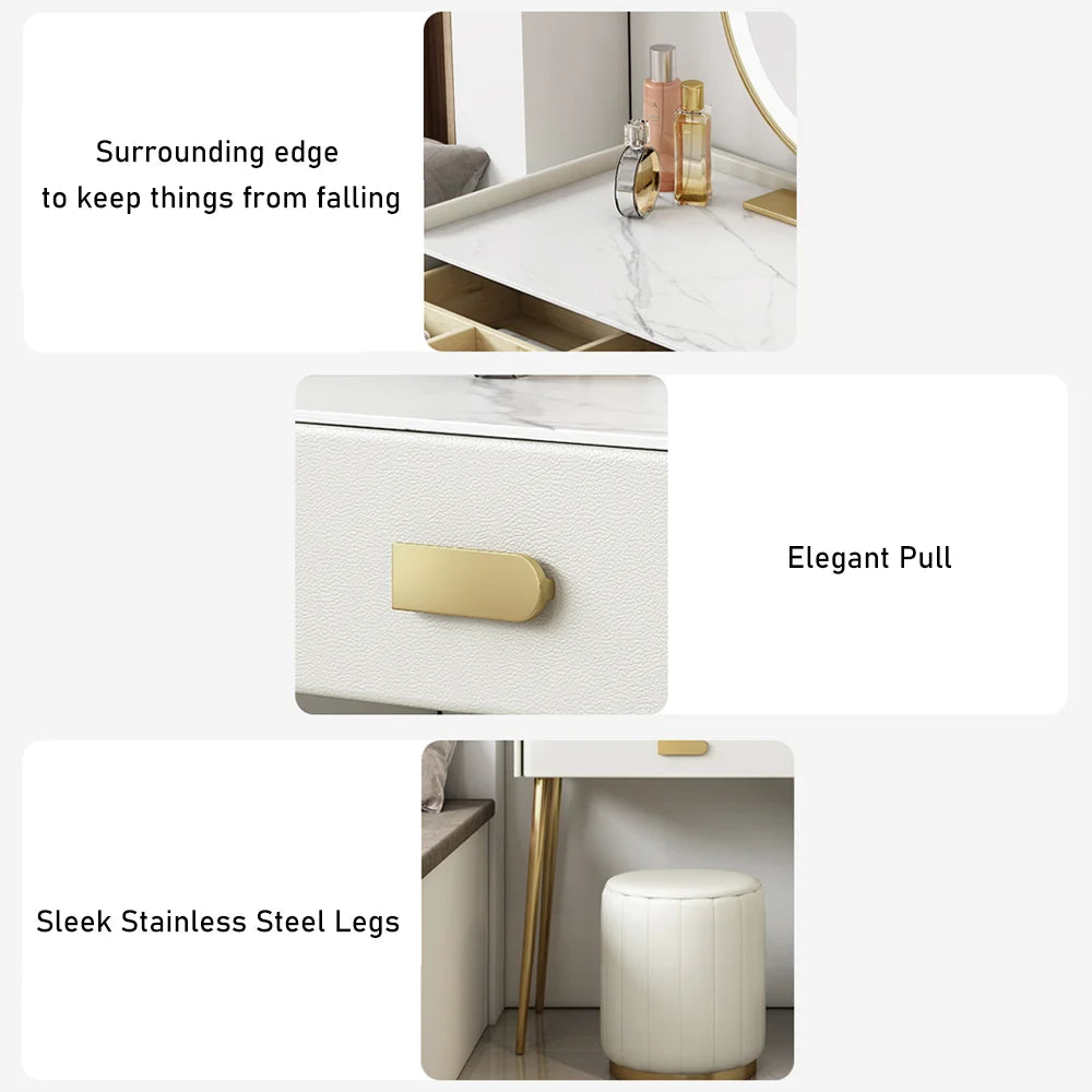 Inarrow Modern Off-white Makeup Vanity Table with Mirror & Side Table - 