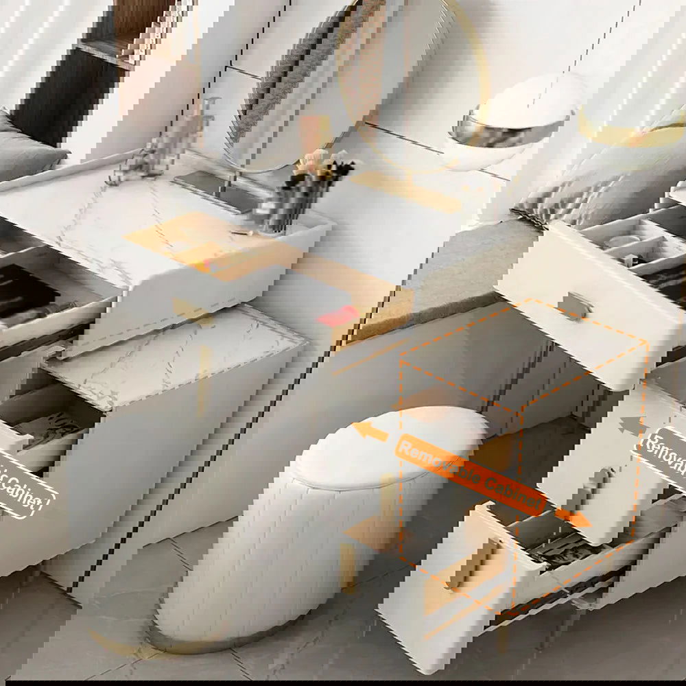 Inarrow Modern Off-white Makeup Vanity Table with Mirror & Side Table - 