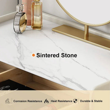 Inarrow Modern Off-white Makeup Vanity Table with Mirror & Side Table - 