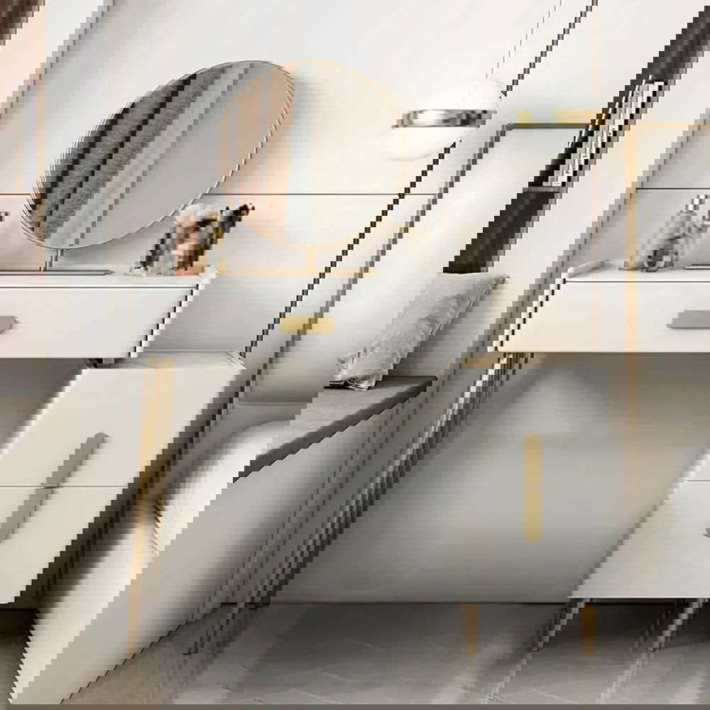 Inarrow Modern Off-white Makeup Vanity Table with Mirror & Side Table - Homary