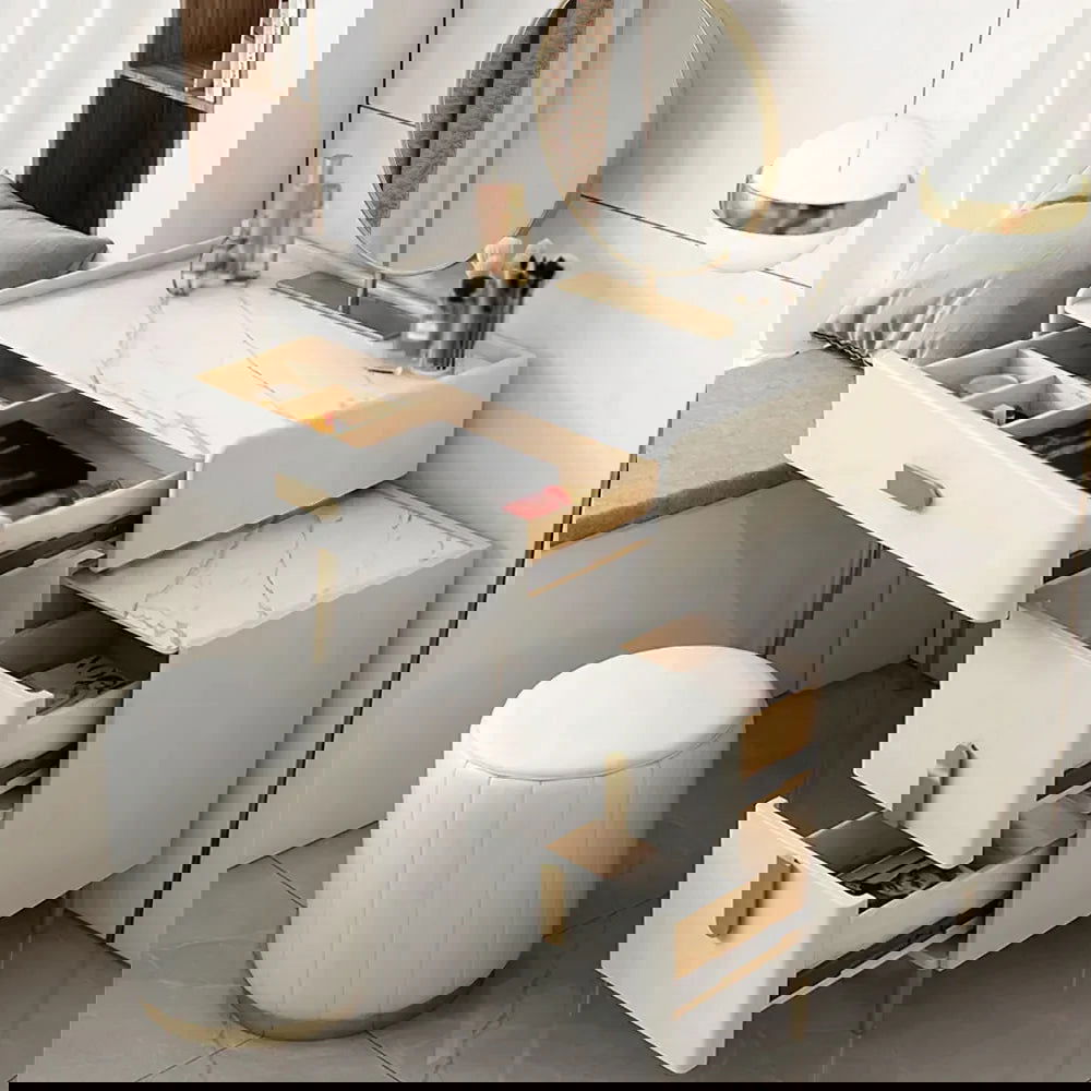 Inarrow Modern Off-white Makeup Vanity Table with Mirror & Side Table - Homary