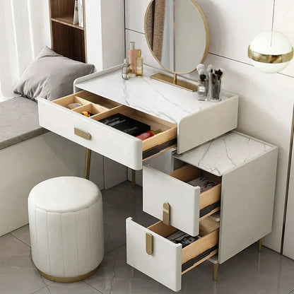 Inarrow Modern Off-white Makeup Vanity Table with Mirror & Side Table - Homary
