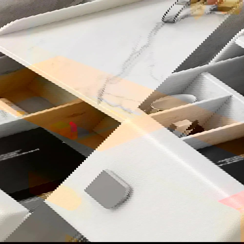 Inarrow Modern Off-white Makeup Vanity Table with Mirror & Side Table - Homary