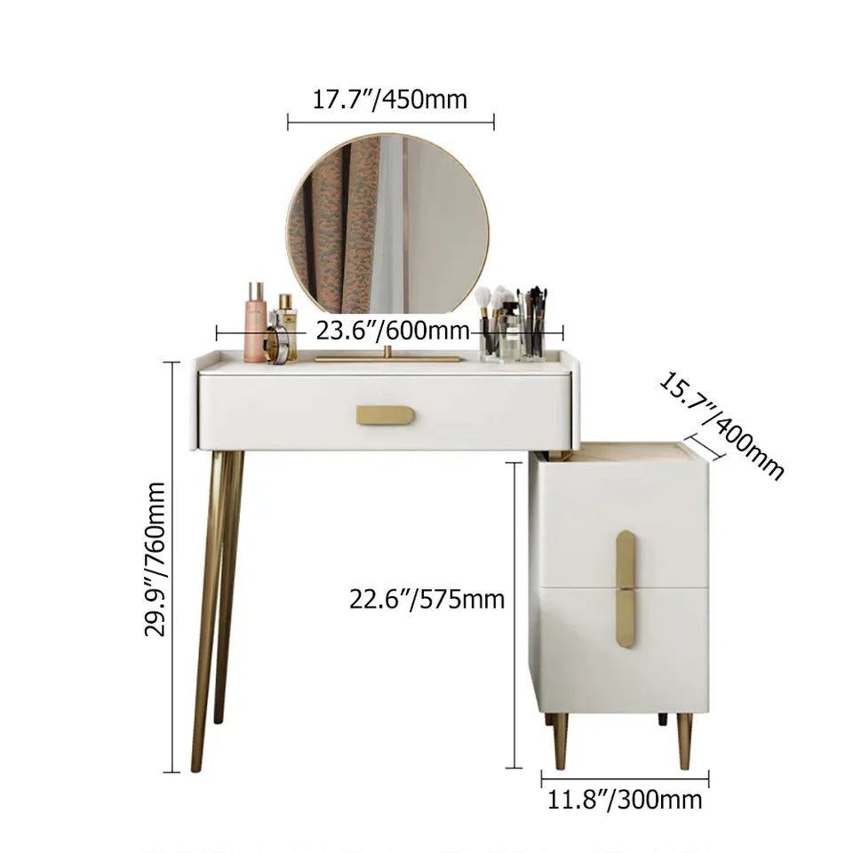 Inarrow Modern Off-white Makeup Vanity Table with Mirror & Side Table - Homary