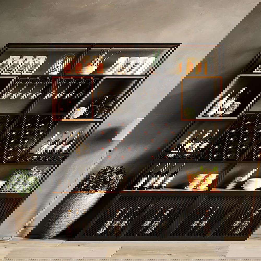 Industrial Black 5-Tier Metal Wine Cabinet with Glass Holder for Home Bar - 