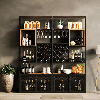 Industrial Black 5-Tier Metal Wine Cabinet with Glass Holder for Home Bar - 