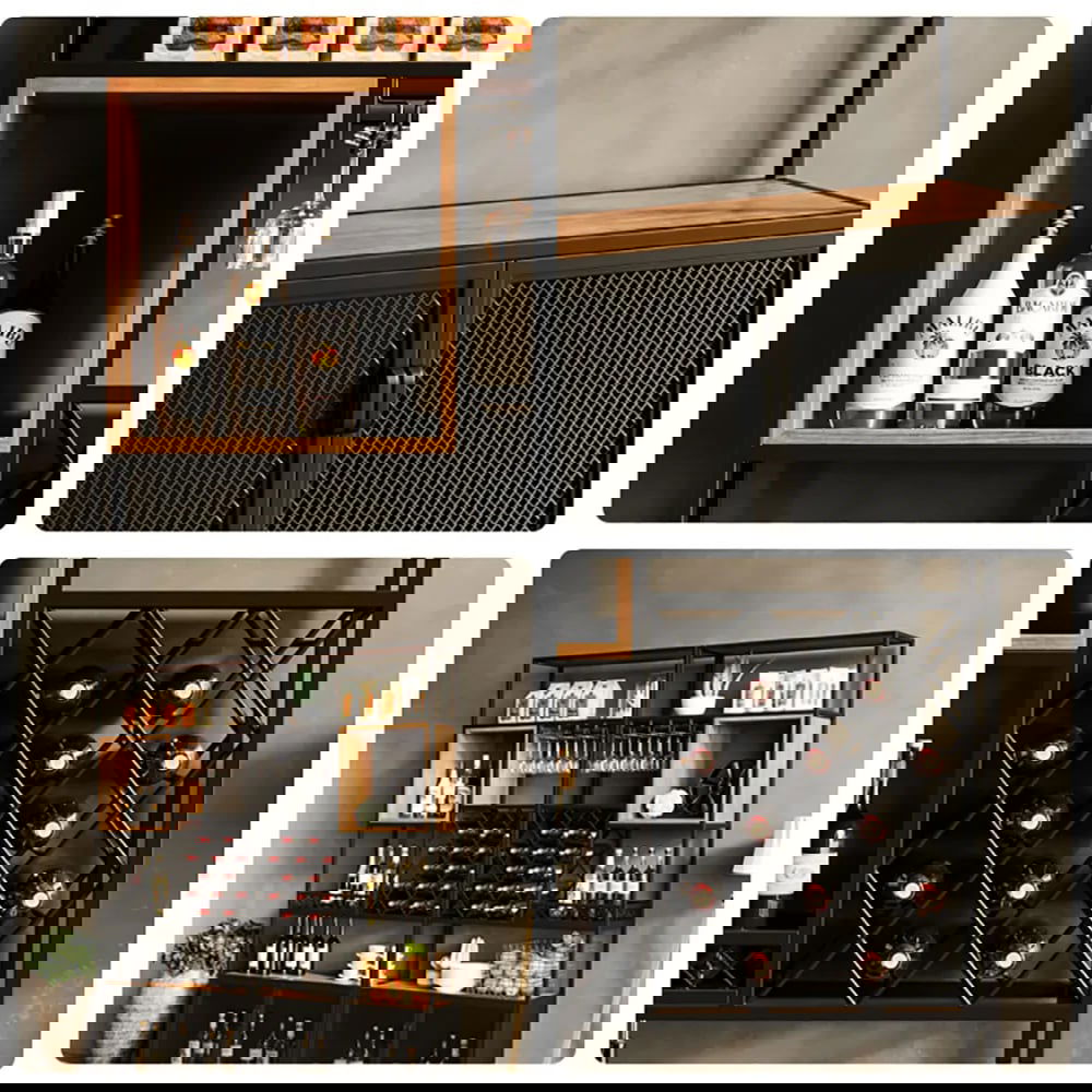 Industrial Black 5-Tier Metal Wine Cabinet with Glass Holder for Home Bar - 