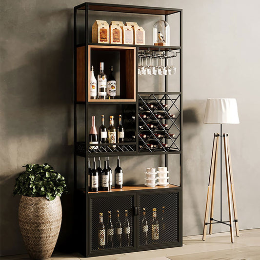 Industrial Black 5-Tier Metal Wine Cabinet with Glass Holder for Home Bar - Homary