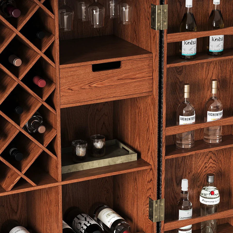 Industrial Black Leather Fold Out Home Bar Cabinet on Wheels with Storage Bar Table - 