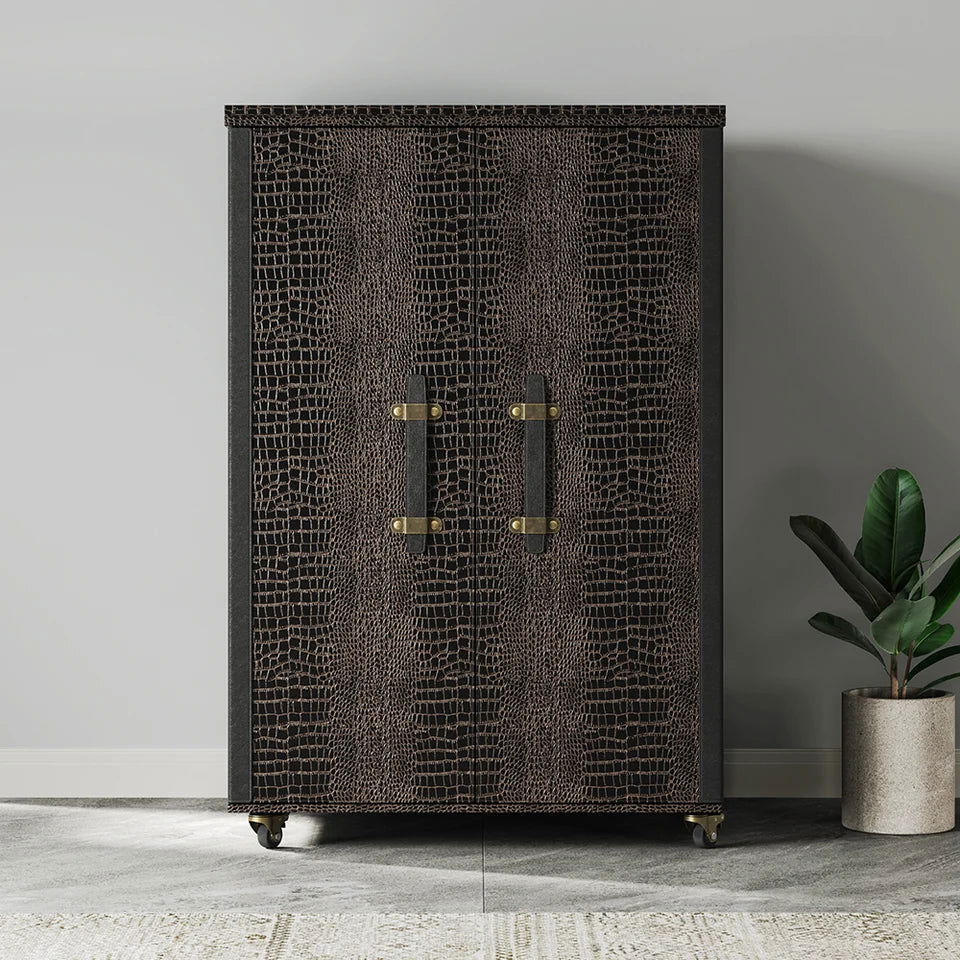 Industrial Black Leather Fold Out Home Bar Cabinet on Wheels with Storage Bar Table - 