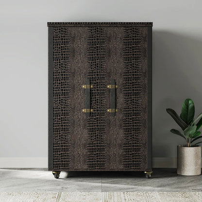 Industrial Black Leather Fold Out Home Bar Cabinet on Wheels with Storage Bar Table - 