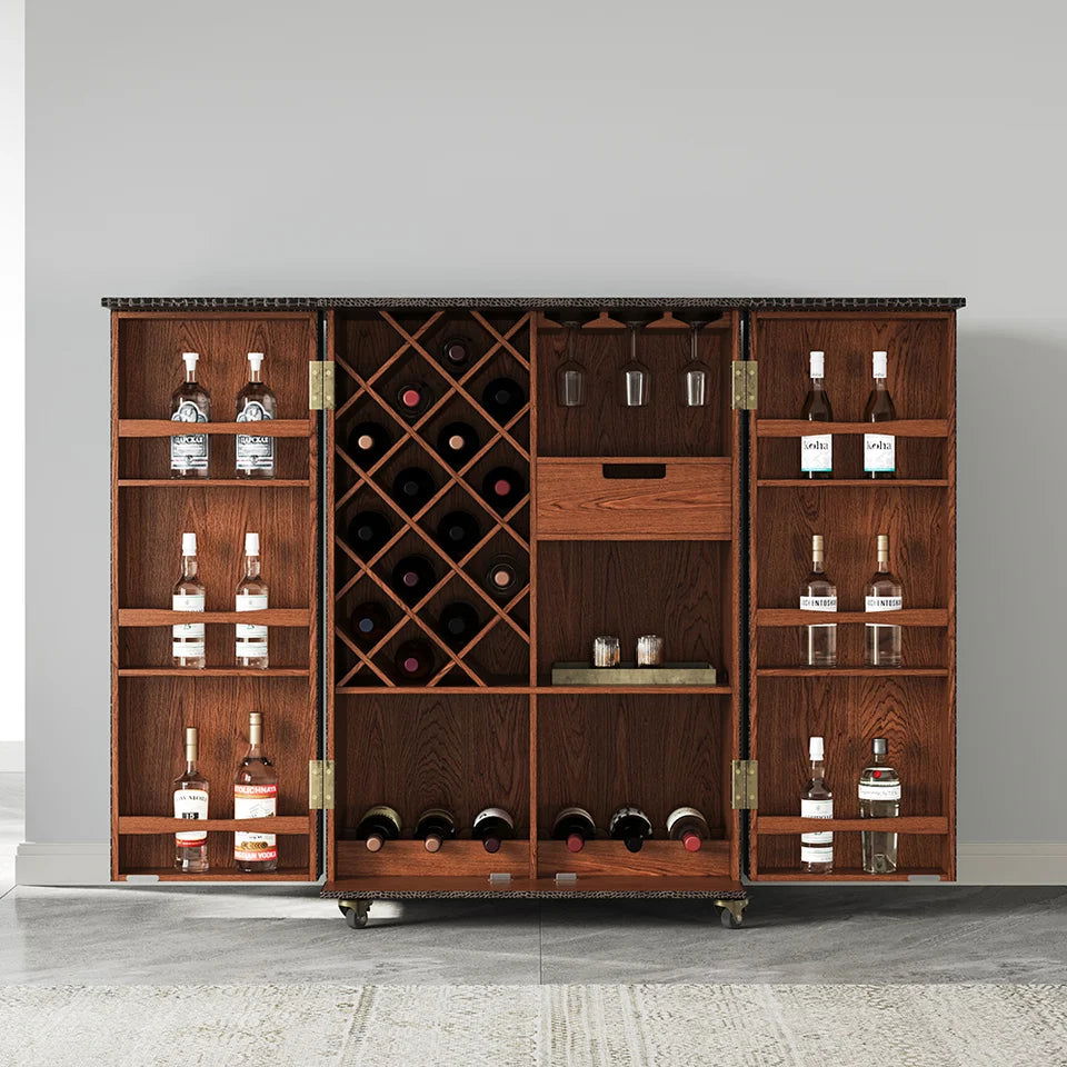 Industrial Black Leather Fold Out Home Bar Cabinet on Wheels with Storage Bar Table - 