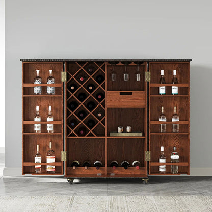 Industrial Black Leather Fold Out Home Bar Cabinet on Wheels with Storage Bar Table - 