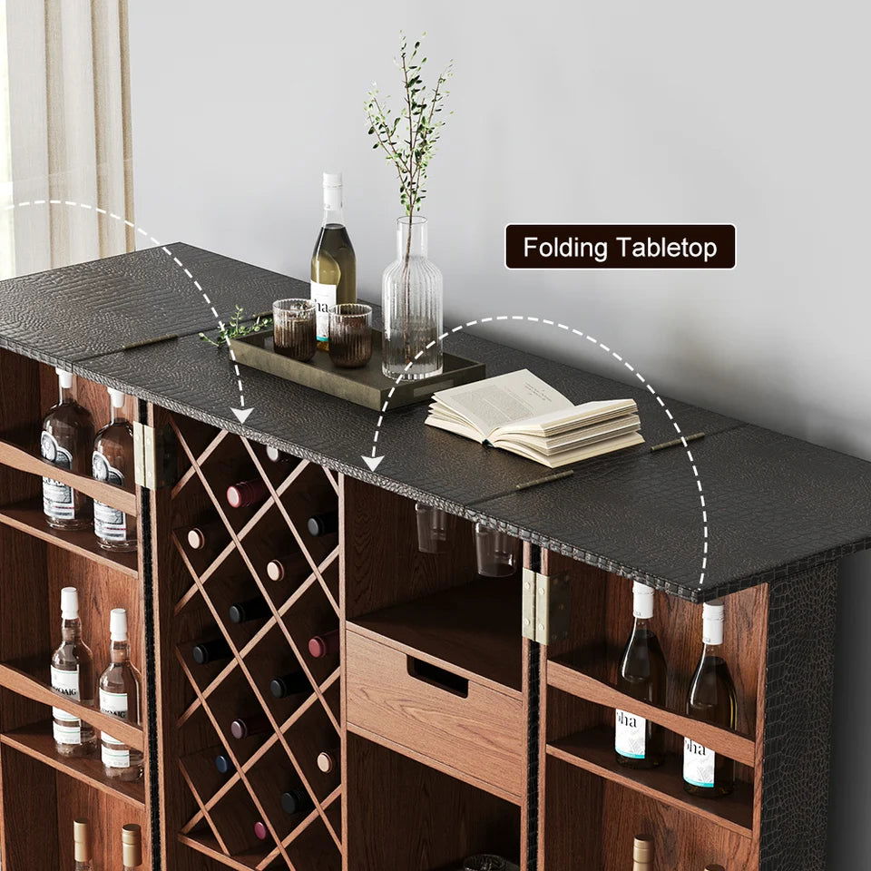 Industrial Black Leather Fold Out Home Bar Cabinet on Wheels with Storage Bar Table - 