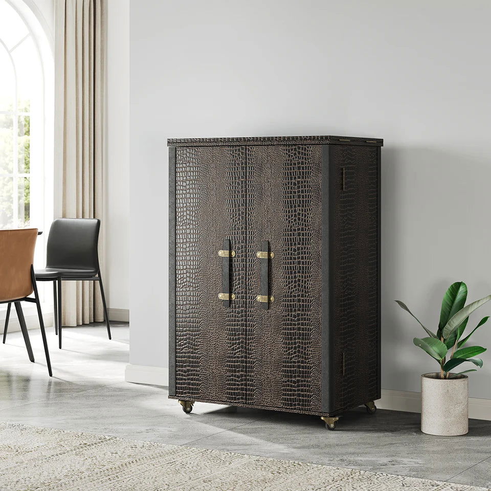 Industrial Black Leather Fold Out Home Bar Cabinet on Wheels with Storage Bar Table - 